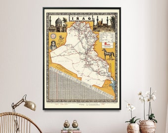 Iraq Vintage Map Print| Pictorial Poster Map of Iraq| Iraqi Wall Art Gift