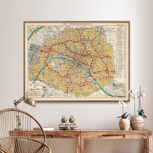 Impression de carte vintage du système de métro parisien | Affiche de la carte métropolitaine de Paris| Décoration murale pour la maison