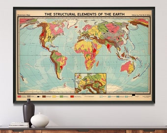 World Geology Structure Map| Map of The Word| Geology Map| Geologic World Map| Science Poster Decor| Old World Map Print