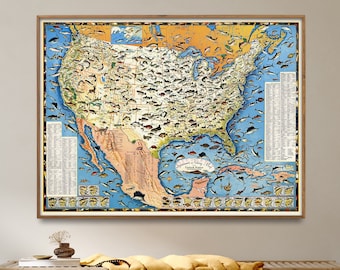 Fishing Map of the United States| Fishing Gift for Men| Fisherman Gift for Husband| Fishing Cabin Wall Art