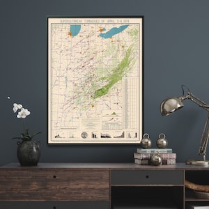 Super epidemia di tornado del 3-4 aprile 1974 - Stampa di una carta geografica d'epoca/Poster meteorologico/Regalo di un'opera d'arte da parete con un meteorologo