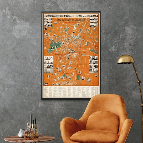 Mexico City vintage Map Print| Affiche de carte illustrée| Cadeau à la maison d’art mural mexicain