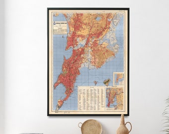 Vintage Mumbai Map Print: 1969 Bombay Guide Map Wall Art