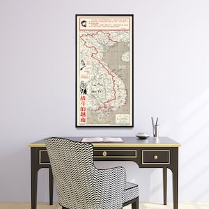 Impression de carte vintage de la guerre du Vietnam | Affiche de propagande chinoise du Vietnam | Décoration murale Conflit du Vietnam