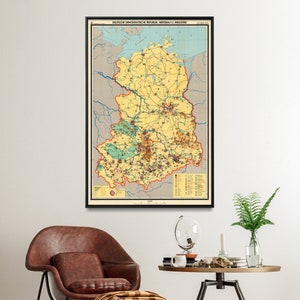 Vintage kaartafdruk Oost-Duitsland | DDR-kaartposter| Muurkunst kaart Koude Oorlog| Kaart van Duitsland met ijzeren gordijn