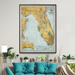 Oude kaart van Florida| Kaart afdrukken Florida| Muurkunst Florida| Kaart staat Florida, kaartposter, kaartcadeau, grote kaart