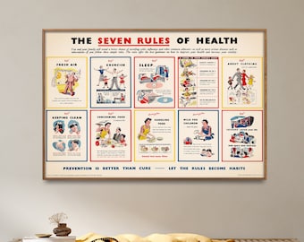 May include: A vintage poster with a red, white, and blue border, titled "The Seven Rules of Health." The poster features illustrations of children and adults demonstrating healthy habits, such as getting fresh air, exercising, sleeping, keeping clean, consuming food, handling food, drinking milk, and leisure. The poster includes the text "Prevention is better than cure - Let the rules become habits."