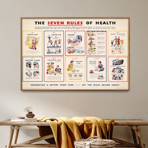 Healthy Lifestyle Vintage Chart Print, Health, Food, Hygiene, Fitness Poster, Home Gift Wall Art