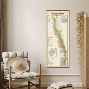 Impression de la carte des vins de Bourgogne millésime| Affiche Région viticole de Bourgogne| Décoration murale grande et étroite pour cuisine, salle à manger, restaurant| Cadeau d'art du vin pour la maison