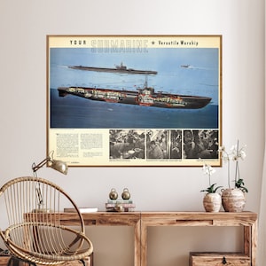 WO2: Amerikaanse onderzeeër - vintage kaartafdruk, militair muurkunstcadeau