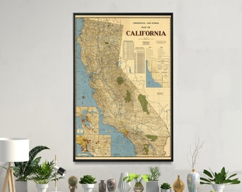 California Map Wall Art| Vintage California Map Print| Large Map Poster