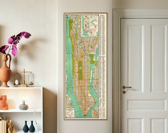 New York: Manhattan Map - Vintage Tall & Narrow Wall Art| Street, House Number and Transportation Map