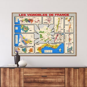 Wein Karte von Frankreich| Weinberge in Frankreich| Esszimmer, Restaurant, Küche | Dekor, Poster, Wandkunst, Geschenk, Großdruck
