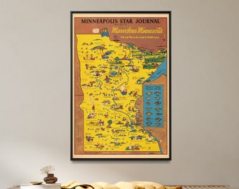 Minnesota Fishing Map Poster| State of Minnesota Vintage Map Print| Fisherman Wall Art Gift