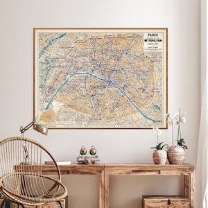 Impressão de mapa vintage do sistema de metrô de Paris | Pôster do mapa metropolitano de Paris | Arte de parede para presente em casa