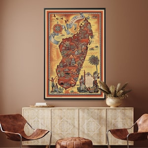 Impression de carte vintage de Madagascar | Affiche de voyage en Afrique | Art mural carte illustrée
