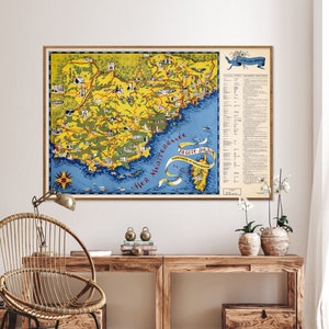 Riviera: La Côte D'Azur - Impressão de mapa vintage | Mapa pictórico da região da França | Arte de parede francesa para presente