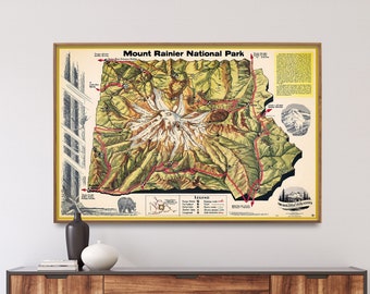 Mount Rainier Vintage Map Print| National Park Poster| Wall Art Home Gift