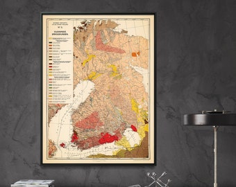 May include: A vintage map of Finland, titled "VUORIPERA BARGRUNDER", with a color-coded key showing different geological formations. The map is printed on cream-colored paper and framed in black.