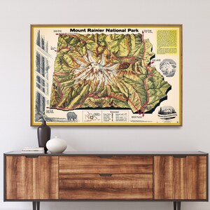 Stampa mappa vintage del Monte Rainier/Poster del parco nazionale/Arte murale regalo per la casa