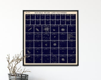 Astronomy: Double Stars and Clusters - Vintage Astronomical Chart Print