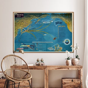 Segunda Guerra Mundial: A Área do Pacífico Norte - Impressão de mapa vintage, arte de parede militar, presente para casa