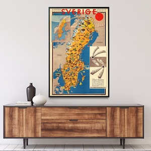 Impression de carte vintage de Suède |  Poster de voyage de la Suède| Art mural carte illustrée| Décoration d'intérieur Suède