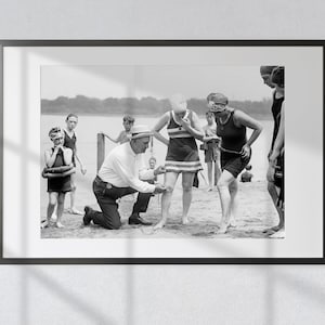 Beach Police: Measuring Bathing Suits - Vintage Black & White Photography Print