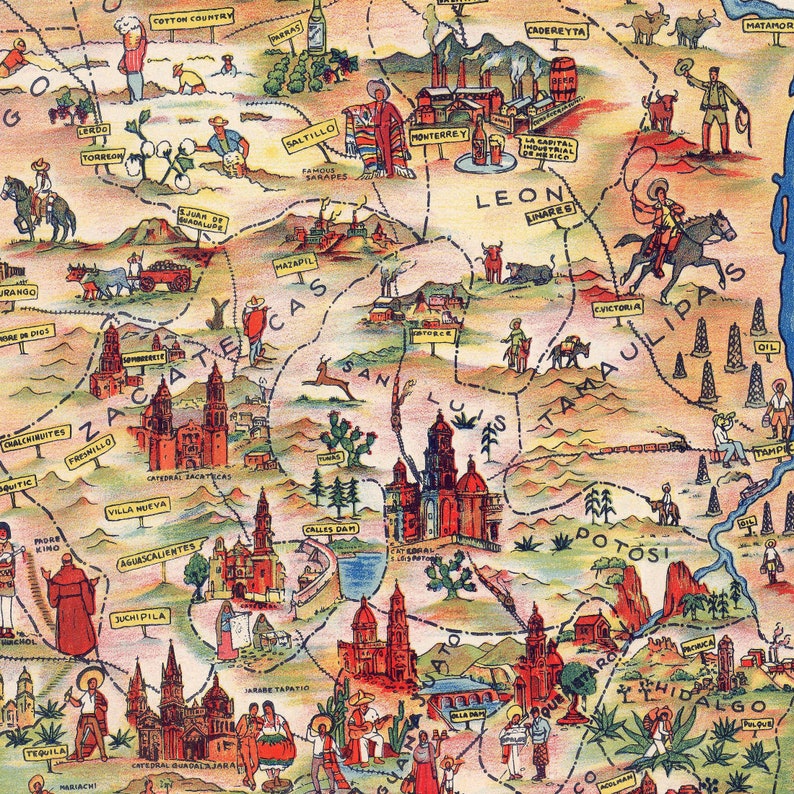 Pictorial Map of Mexico Mexico Map Mexico Old Mexico Wall - Etsy