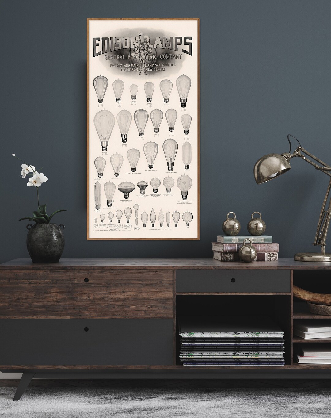 Edison Lamps Vintage Chart Print Tall & Narrow Light Bulbs Poster Electrical Engineering Wall