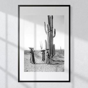 Saguaro Sentinels: Maricopa Women with Baskets - Vintage Black & White Photography Print