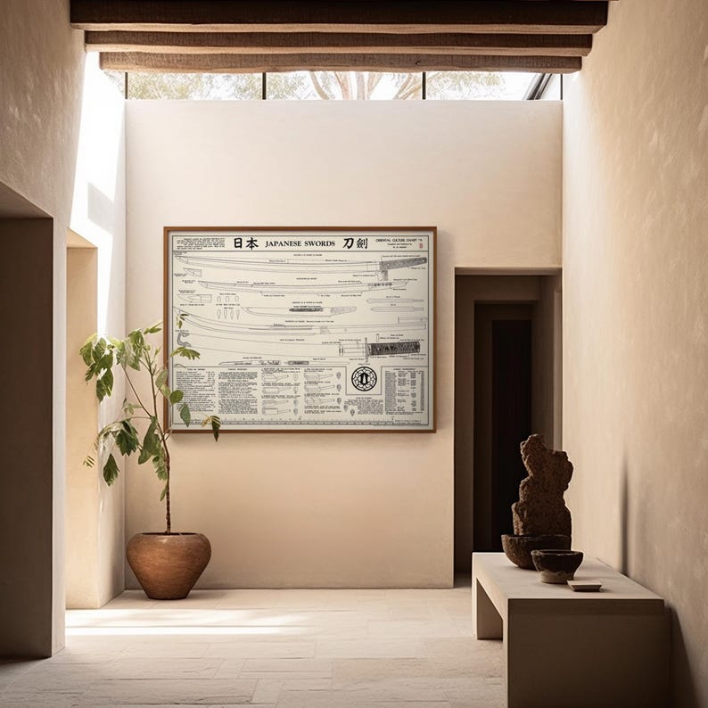 May include: A framed black and white illustration of Japanese swords, titled "日本 JAPANESE SWORDS 刀剣". The illustration is hanging on a light beige wall in a modern interior with a potted plant and a wooden bench.