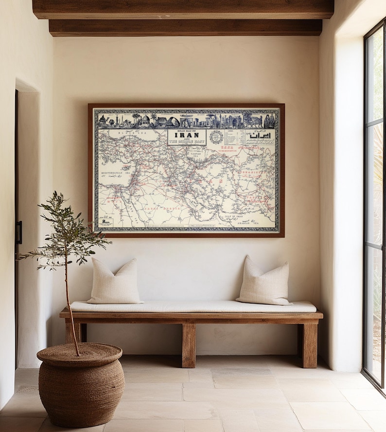Plakat z mapą Iranu w stylu vintage: Mapa drogowa Bliskiego Wschodu z 1963 r. zdjęcie 2