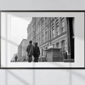 Nostalgic Harlem Stroll: Vintage Black & White Print - Two Kids Walking on the Sidewalk