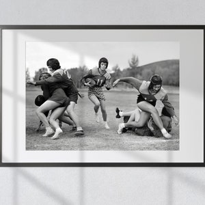 Football Sisterhood: Vintage Black & White Print featuring College Girls Playing the Game