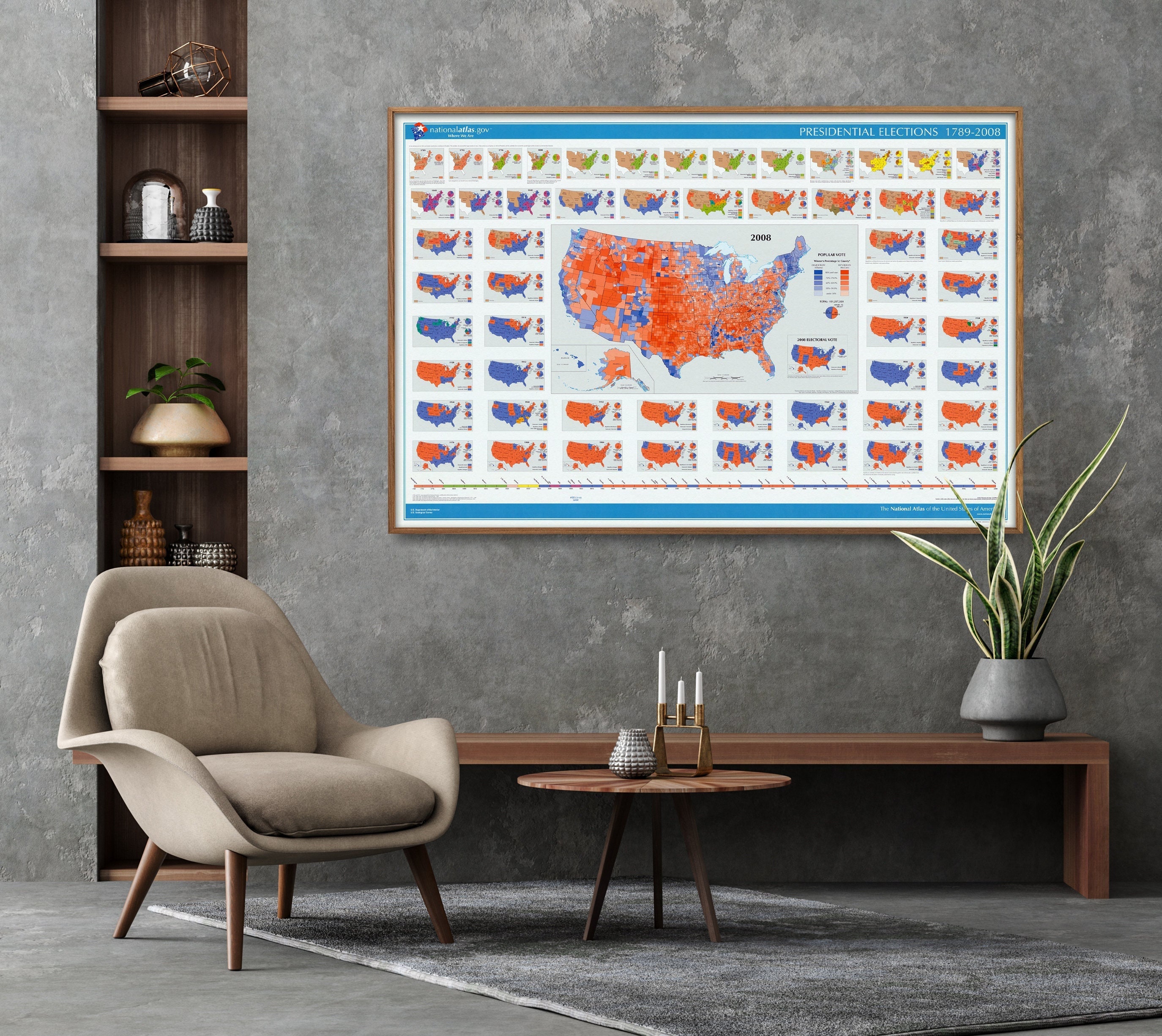 Presidential Elections Chart 1789-2008, USA Political Map Poster, US History Wall Art Gift