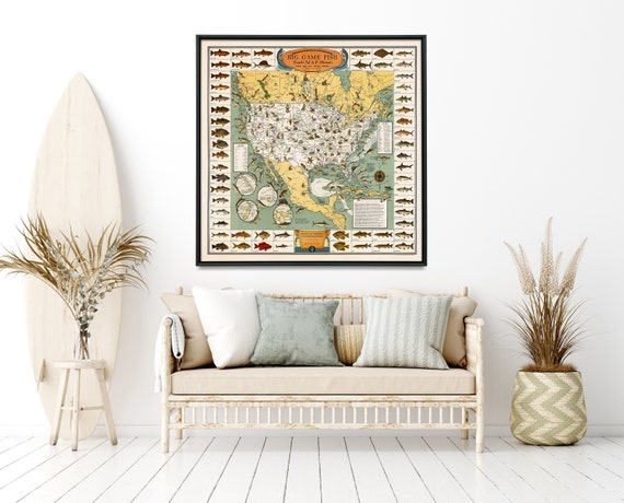 Old Fishing Map of USA and North America Great Fishing Gift Fishing Cabin  Wall Art -  Canada