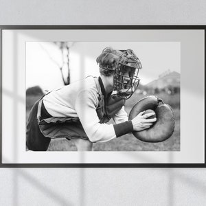 College Baseball: Pretty Coed Catcher Ready to Play Ball - Vintage Black & White Photography Print