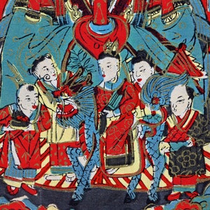 May include: A colourful illustration of a group of people in traditional clothing, with a blue dragon in the centre. The people are wearing red, yellow, and blue clothing, and the dragon is surrounded by gold and silver accents.