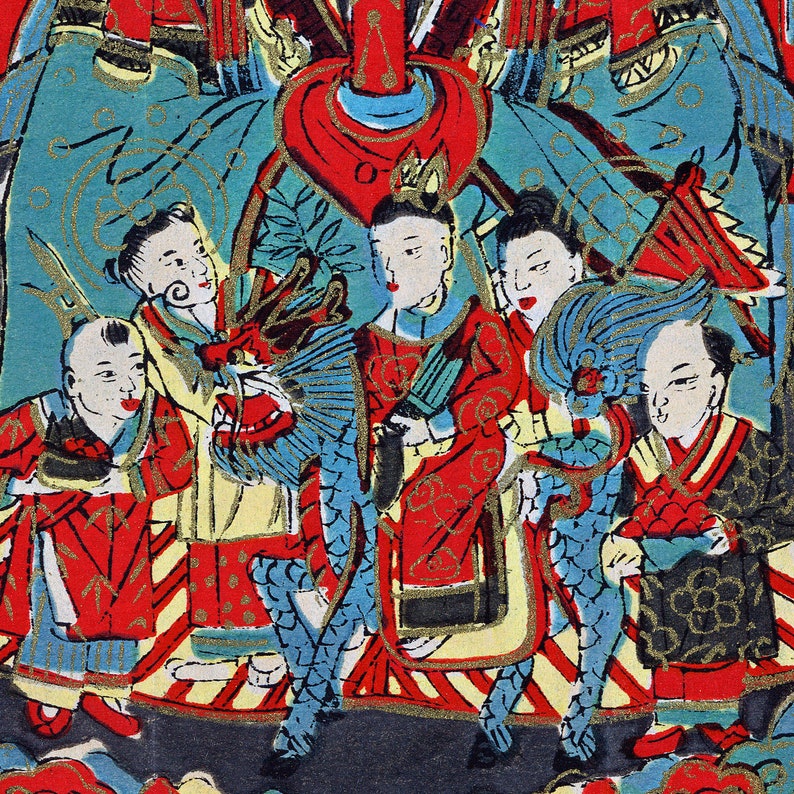 May include: A colourful illustration of a group of people in traditional clothing, with a blue dragon in the centre. The people are wearing red, yellow, and blue clothing, and the dragon is surrounded by gold and silver accents.