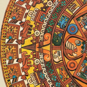 Aztec Sun Stone Calendar, Vintage Illustration Print, Mexica People Art ...
