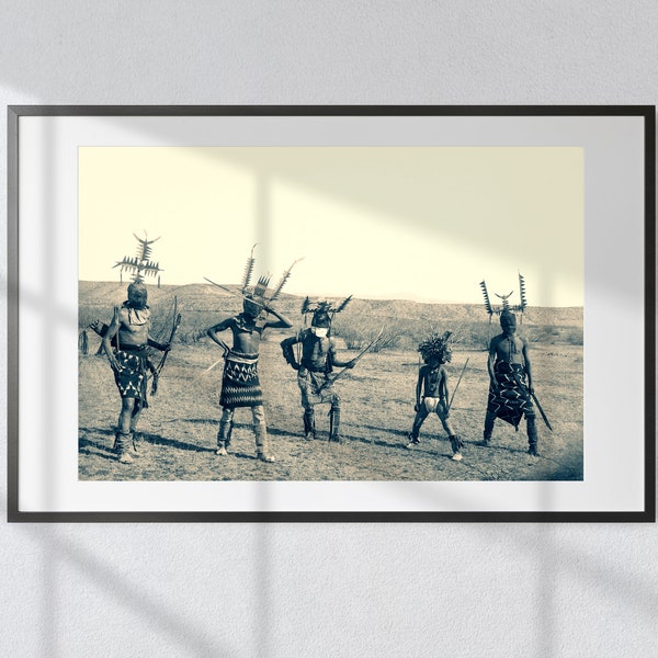 Enigmatic Apache Spirit: Vintage Black & White Print - Devil Dancers Adorned with Masks and Headdresses