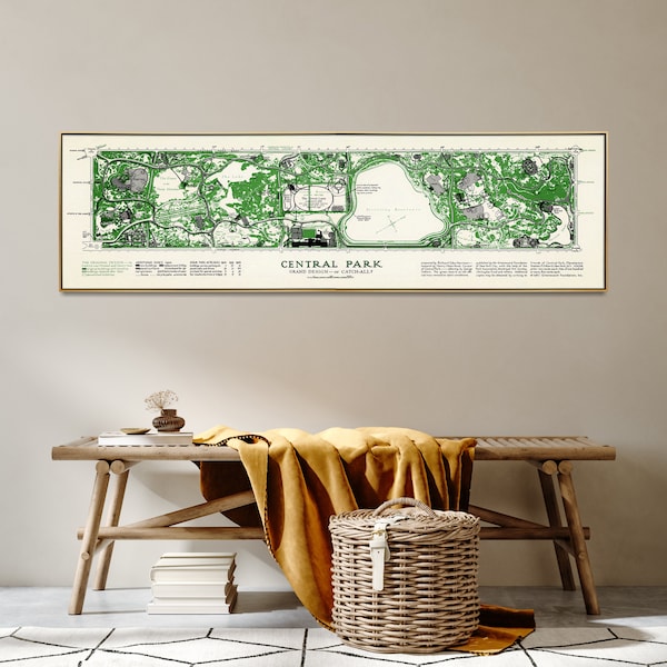 Mappa di Central Park/New York City/Arte da parete lunga e stretta/Poster di New York/Stampa vintage sopra il letto