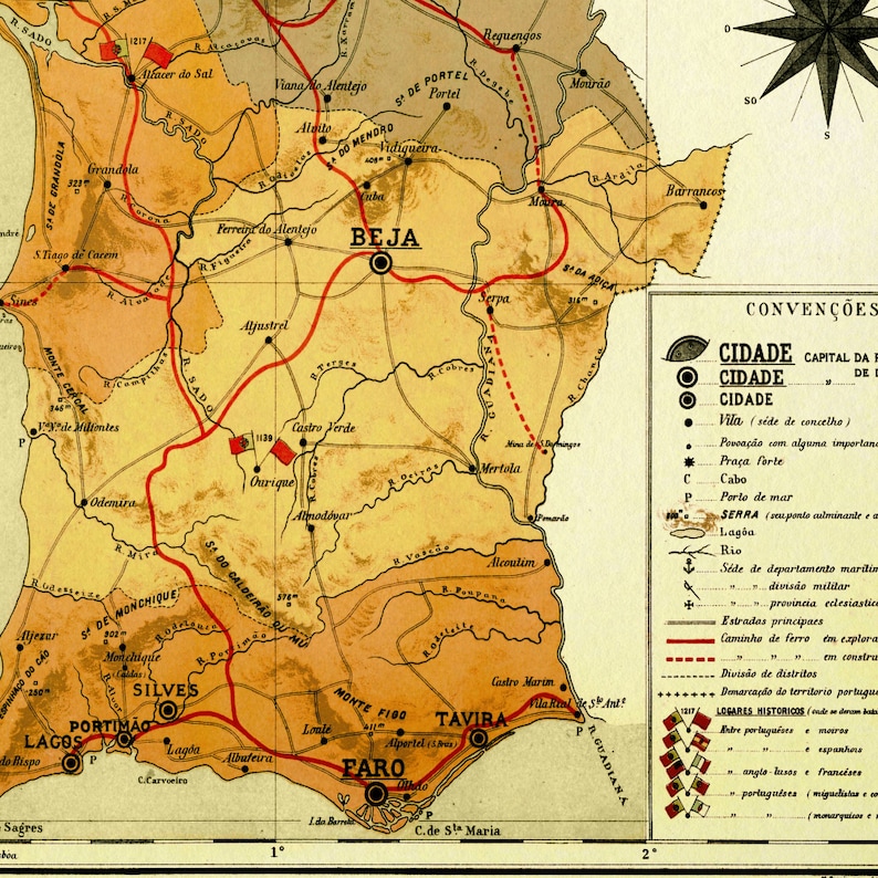 Puede incluir: Un mapa vintage de Portugal, que muestra las regiones de Algarve, Alentejo y Beja. El mapa est&aacute; en tonos de amarillo, marr&oacute;n y rojo, con l&iacute;neas negras que indican carreteras y r&iacute;os. El mapa incluye varios s&iacute;mbolos y etiquetas de texto, incluidas ciudades, pueblos y caracter&iacute;sticas geogr&aacute;ficas.