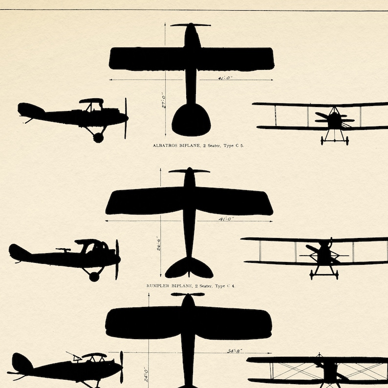WW1: Airplanes Silhouettes - Vintage Chart Print, German Warplanes ...