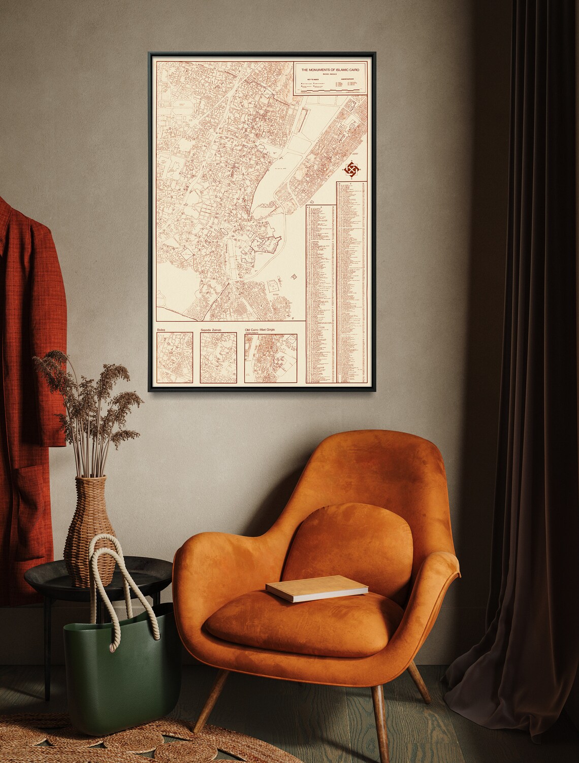 Cairo Islamic Monuments Vintage Map Art Print: Egypt Muslim Home Decor ...