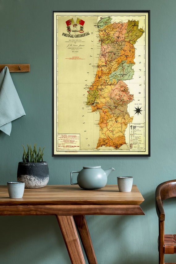 Old Map of Portugal Mapa De Portugal Portuguese Map Vintage 