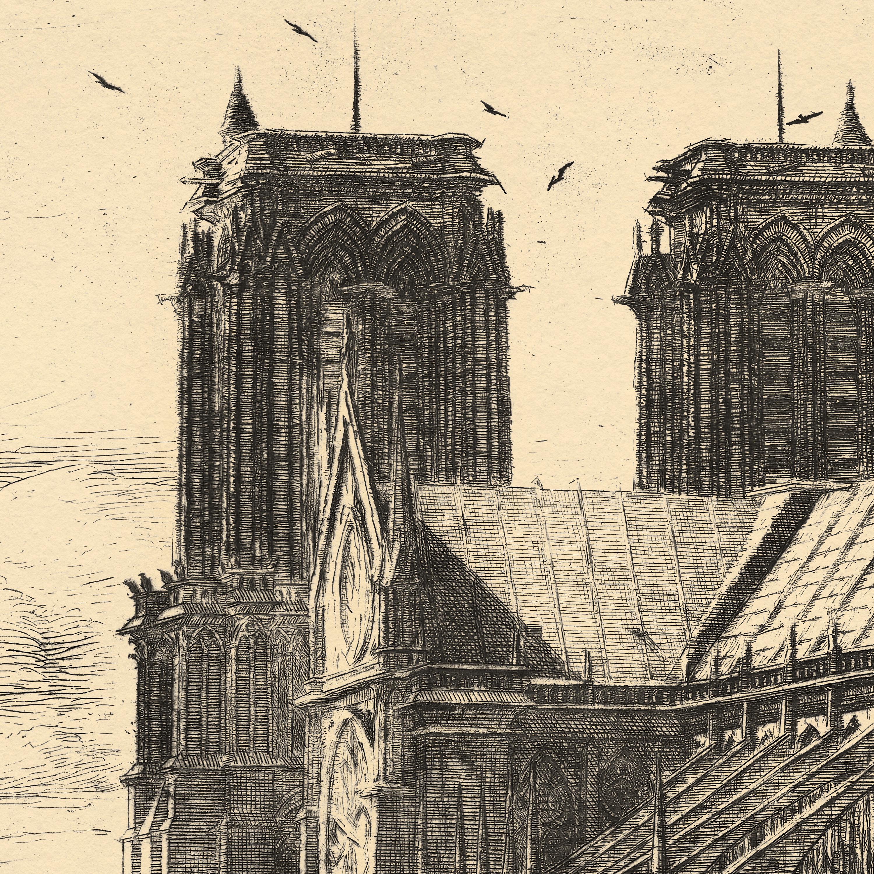 ノートルダム大聖堂のエッチングプリント：ヴィンテージのフランス大