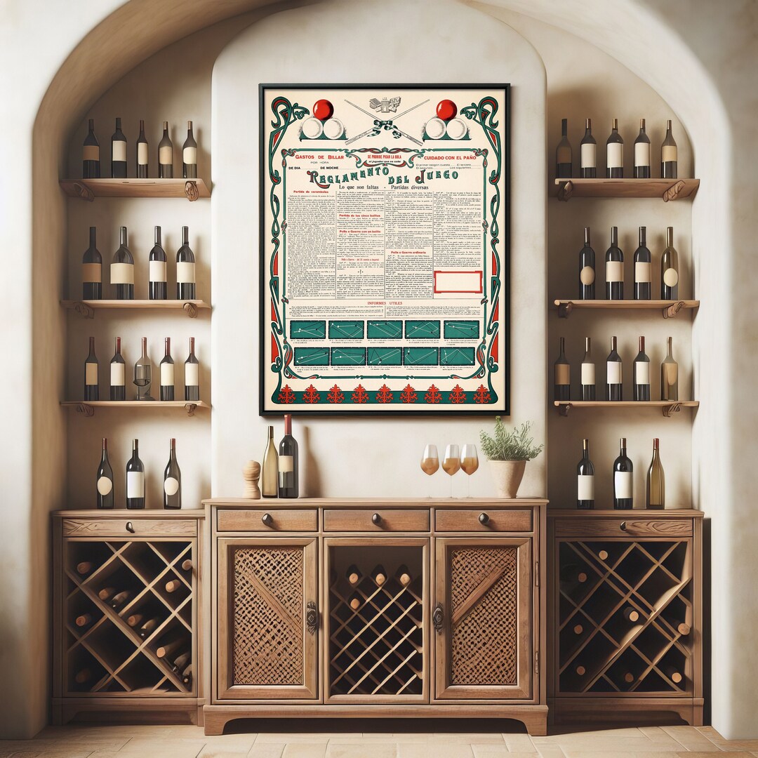 Billiards Rules of the Game Vintage Spanish Language Chart Print, Pool