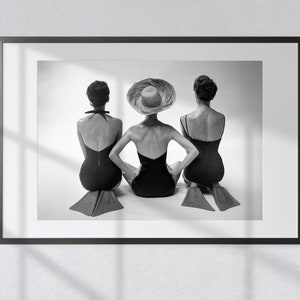 Glamorous Aquatic Trio: Vintage Black & White Print - Fashion Models Sporting Swimsuits and Swim Fins